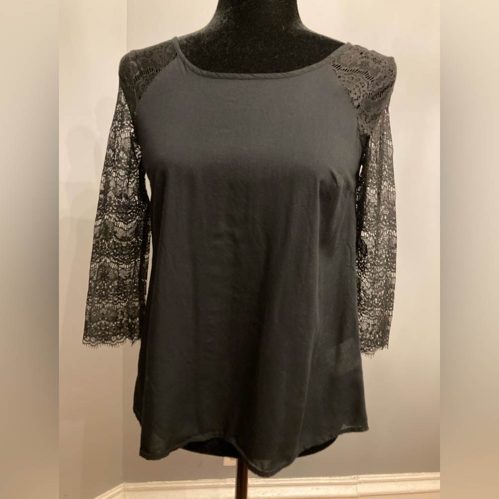 Never Worn Girls TEDDY SMITH Black Blouse With Lace 3/4 Length Sleeves, size 14